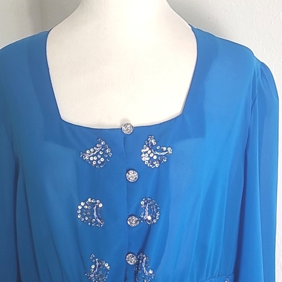 AS HRO Blue Marine Sheer Blouse Rhinestone Buttons & Accents, Small Ruffle, XL - Picture 4 of 11